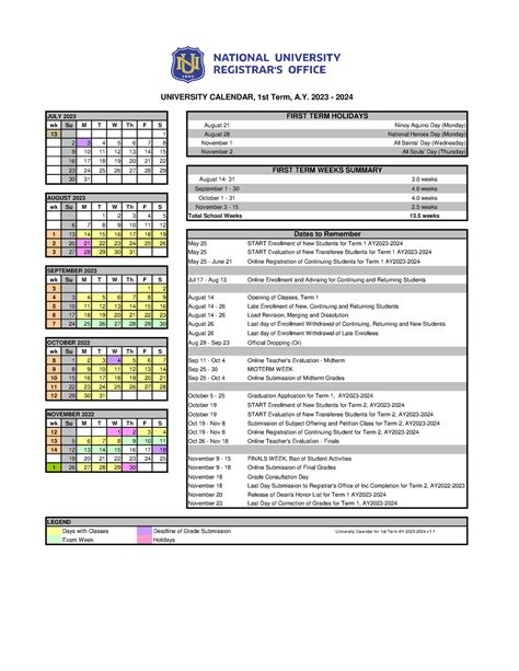 nu manila academic calendar|National University: UNIVERSITY CALENDAR, 1st Term, A.Y..